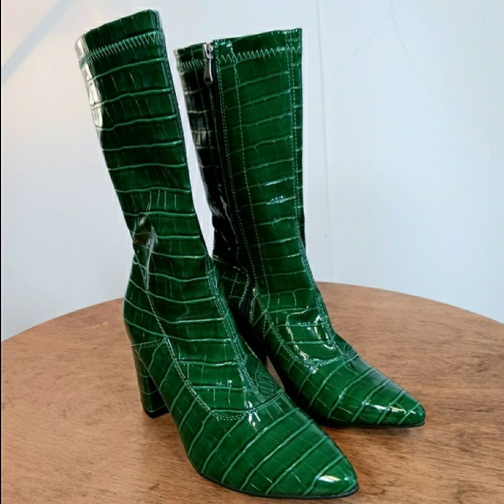 Emerald Green Croc Embossed Mid-Calf Boots Retro Glam Y2K Size EU 39 US 8.5 - Picture 4 of 11